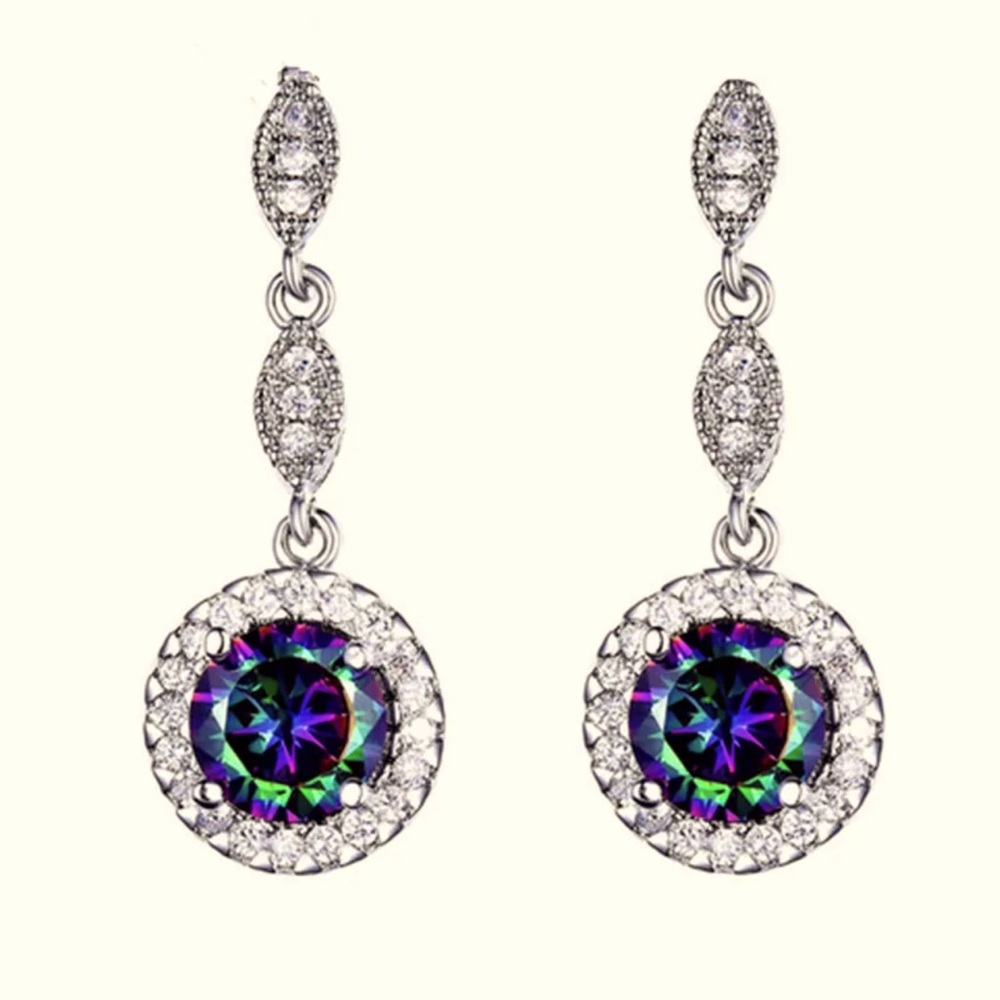 Mystic Fire Rainbow Topaz Pierced Dangle Boho, purple silver Gemstone Earrings